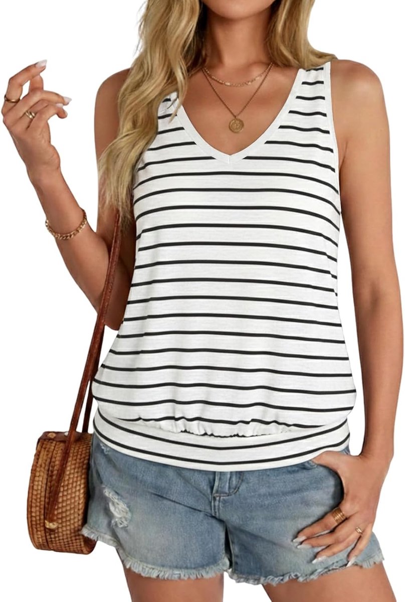 Top voor dames, zomer, mouwloos, tanktop, V-hals, stretch, losse basic tops