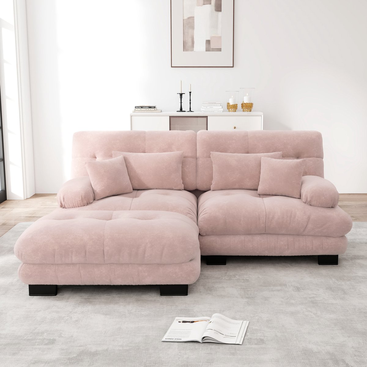 MEUNIQ Hoekbank van chenille 220 x 145 x 81 cm met ottoman, 2 lendenkussens en 2 decoratiekussens, modulair, roze voor woonkamer Pink