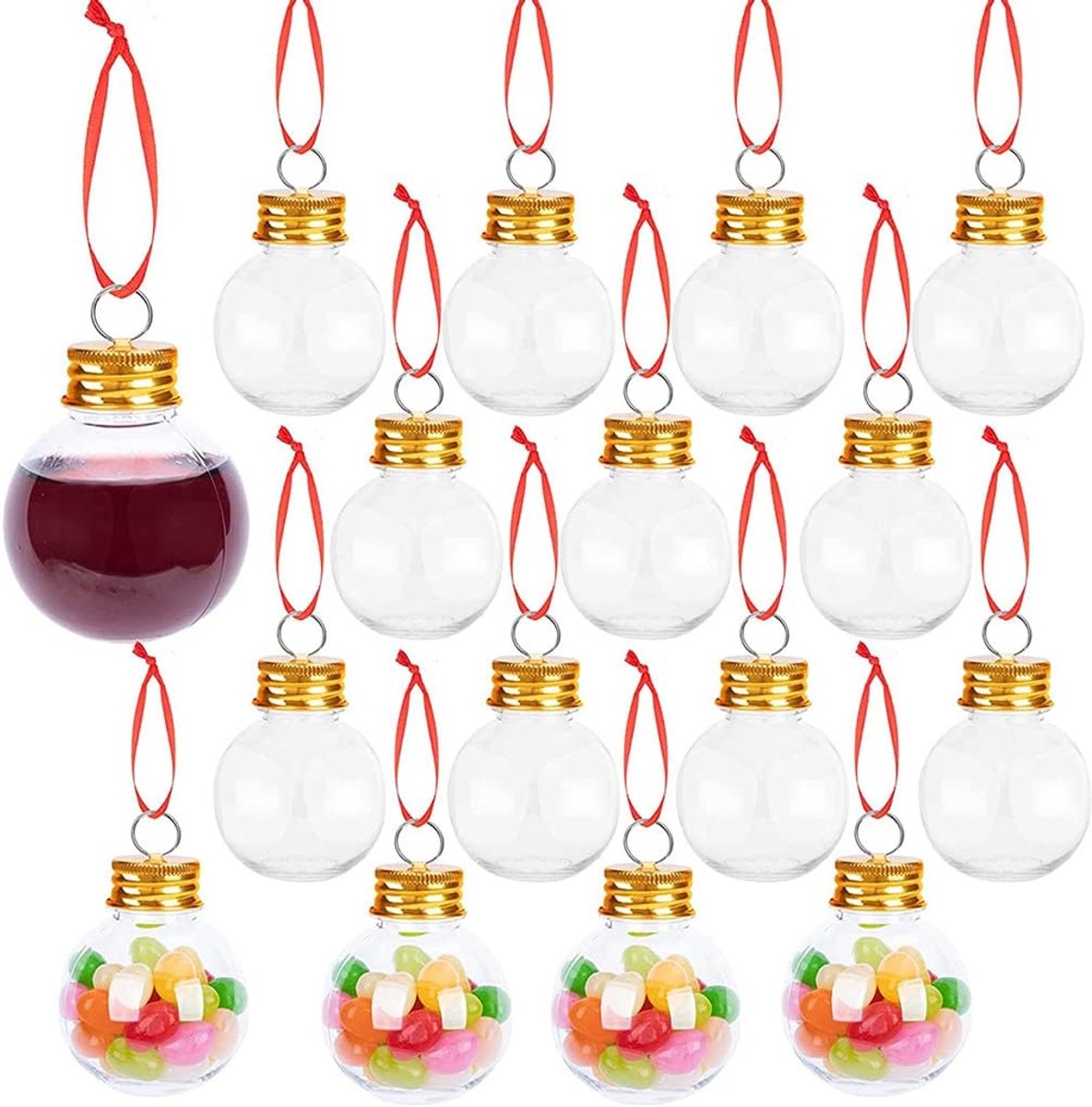 Kerstfles Hanger Set van 10 - Vulbare Decoratie met Deksel - Kleurige Flesjes met Rood Hanglint - ShopVlot