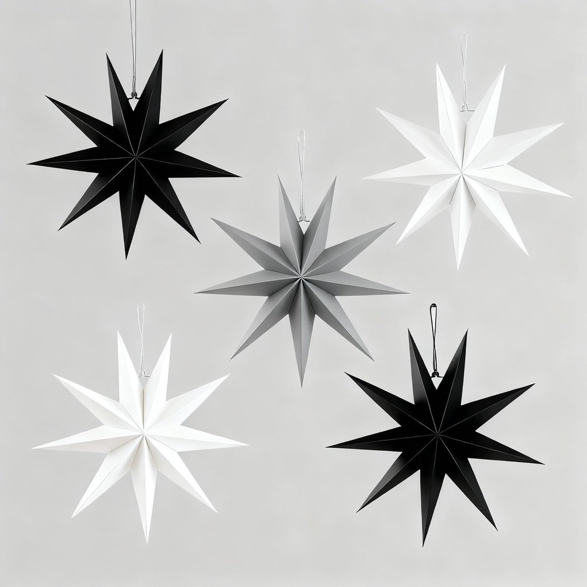 Papieren sterren kerstset 30 cm - zwart grijs wit - 5 stuks - feestelijke decoratie - ShopVlot