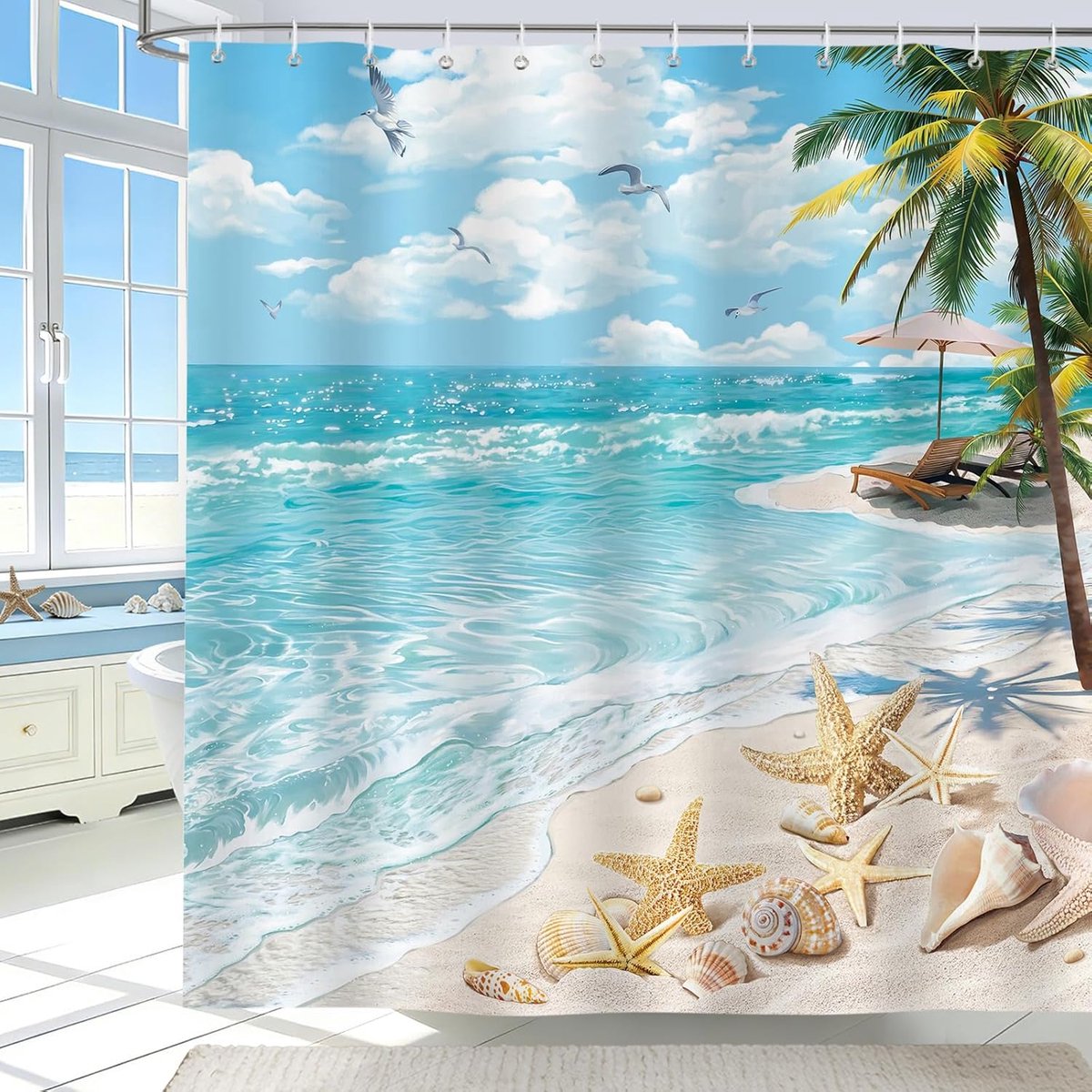 Stranddouchegordijn 180 x 200 cm - oceaanblauw - zeester en tropische palm - waterdicht en machinewasbaar - ShopVlot