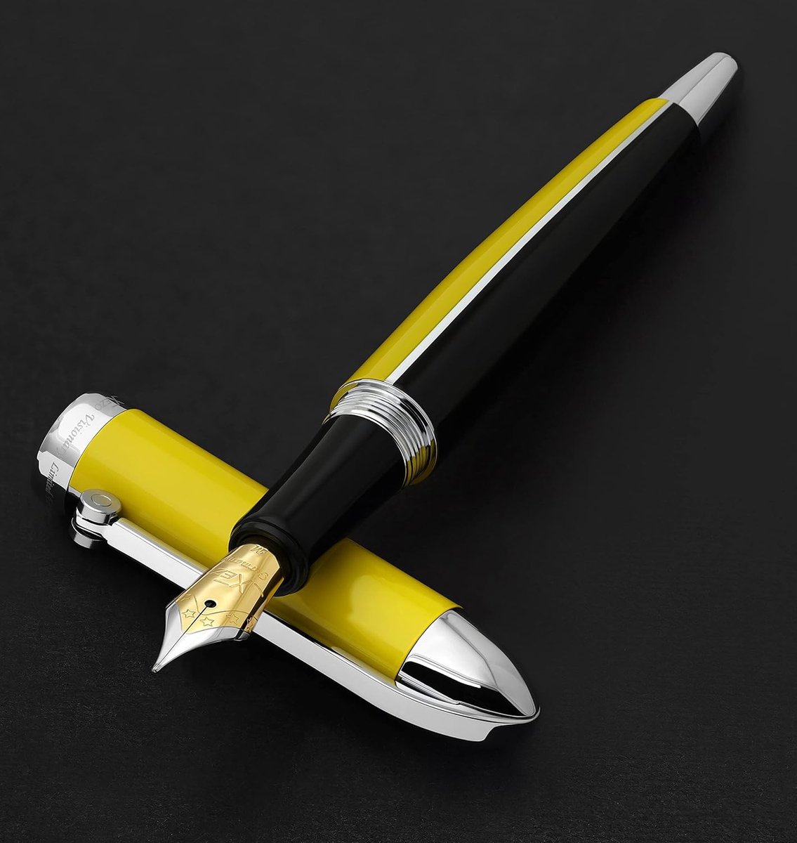 Vulpen medium nib - Messing en aluminium - Handgeschilderd geel en zwart - Uniek retro ontwerp - ShopVlot