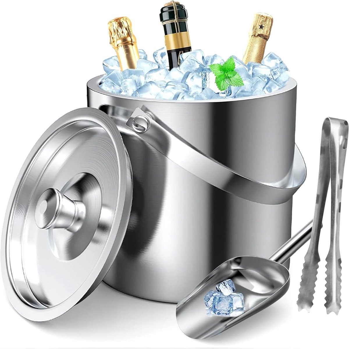 IJs-emmer 2 liter - RVS met dubbele wand - Inclusief schep en tang - Perfect voor feesten - ShopVlot