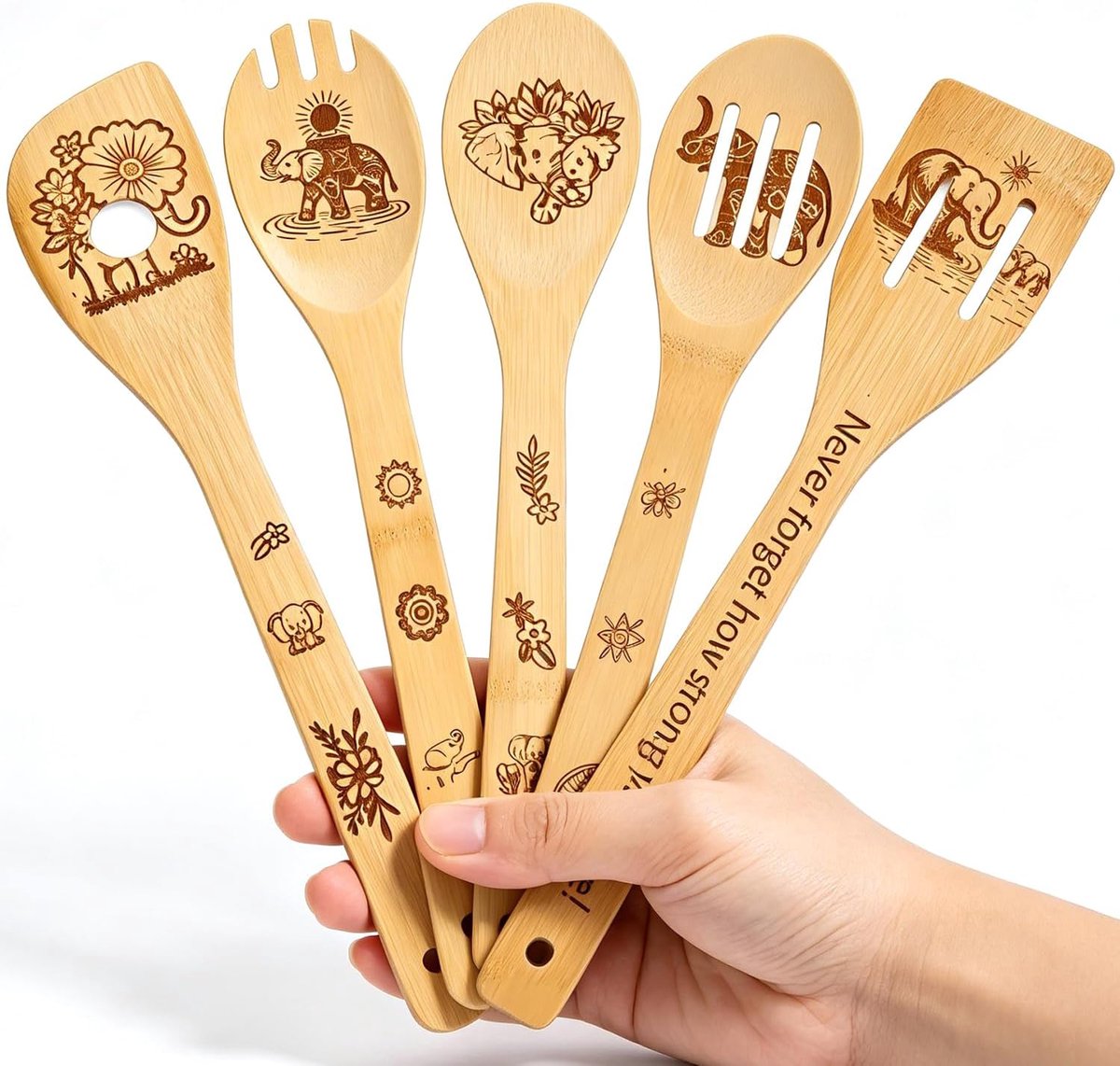 Houten lepels voor koken - Gegraveerd bamboe - Olifanten decor - Perfect als cadeau voor vrouwen - ShopVlot