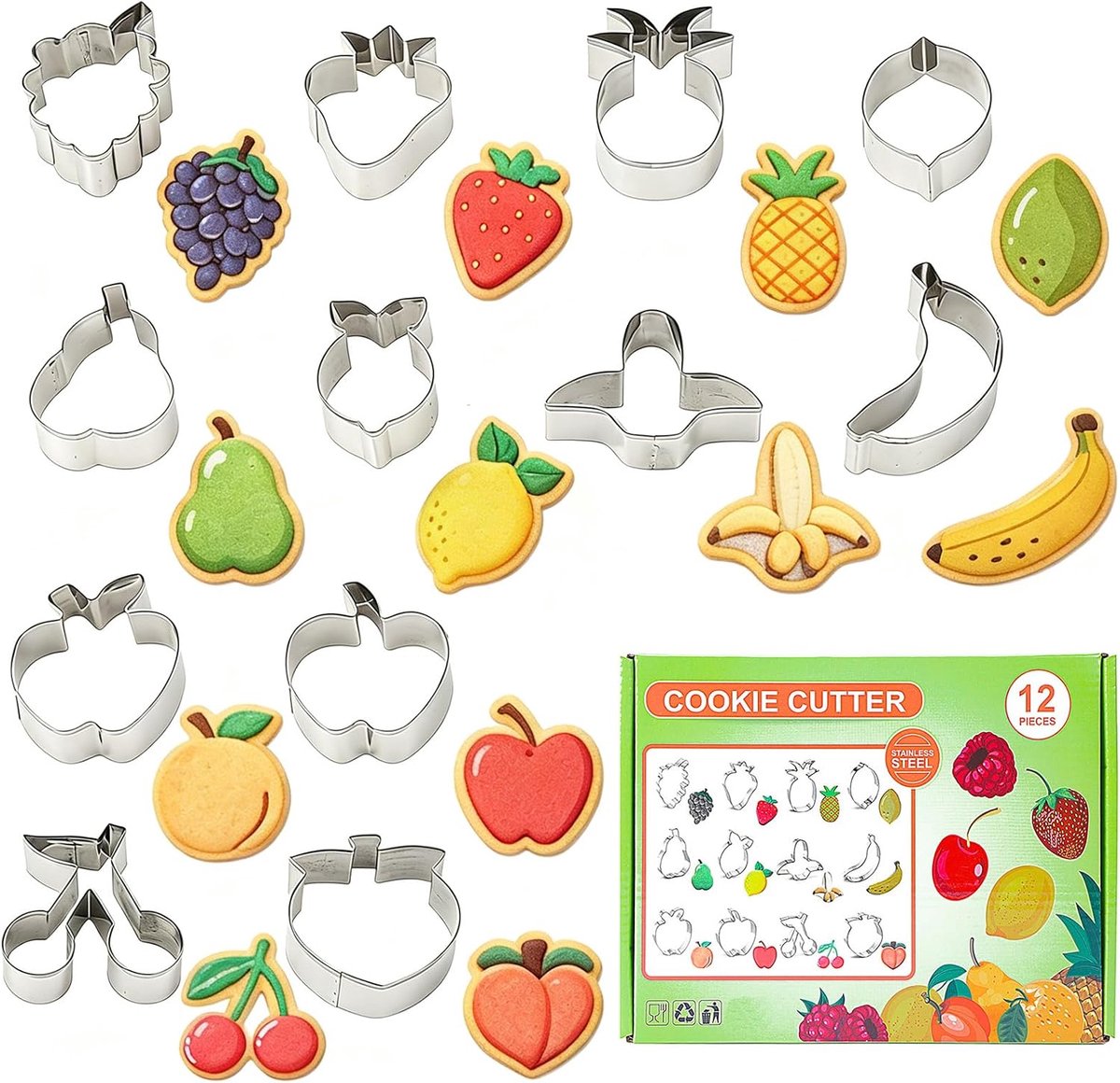 Fruitvormpjes 12 Stuks - RVS Koekjesuitsteekvormen - Creatieve Bakaccessoires - Ideaal voor Feestjes - ShopVlot