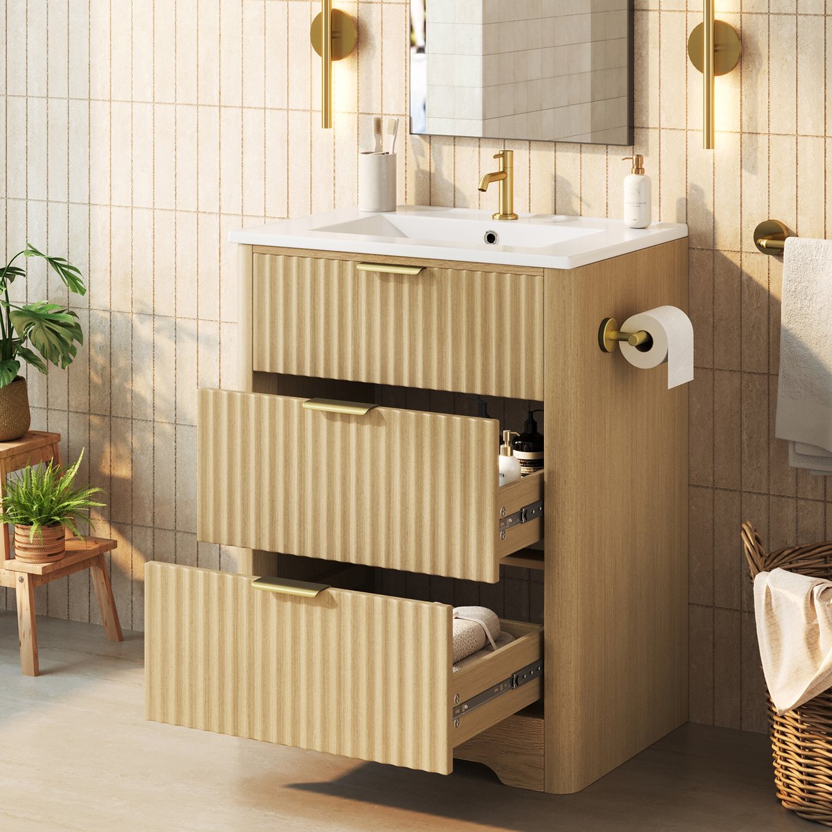 Badkamerkast - 2 Laden En Toilettenpapierhouder - Voor Badkamer - MDF En Keramiek - 61 Cm - Natuurlijk Hout