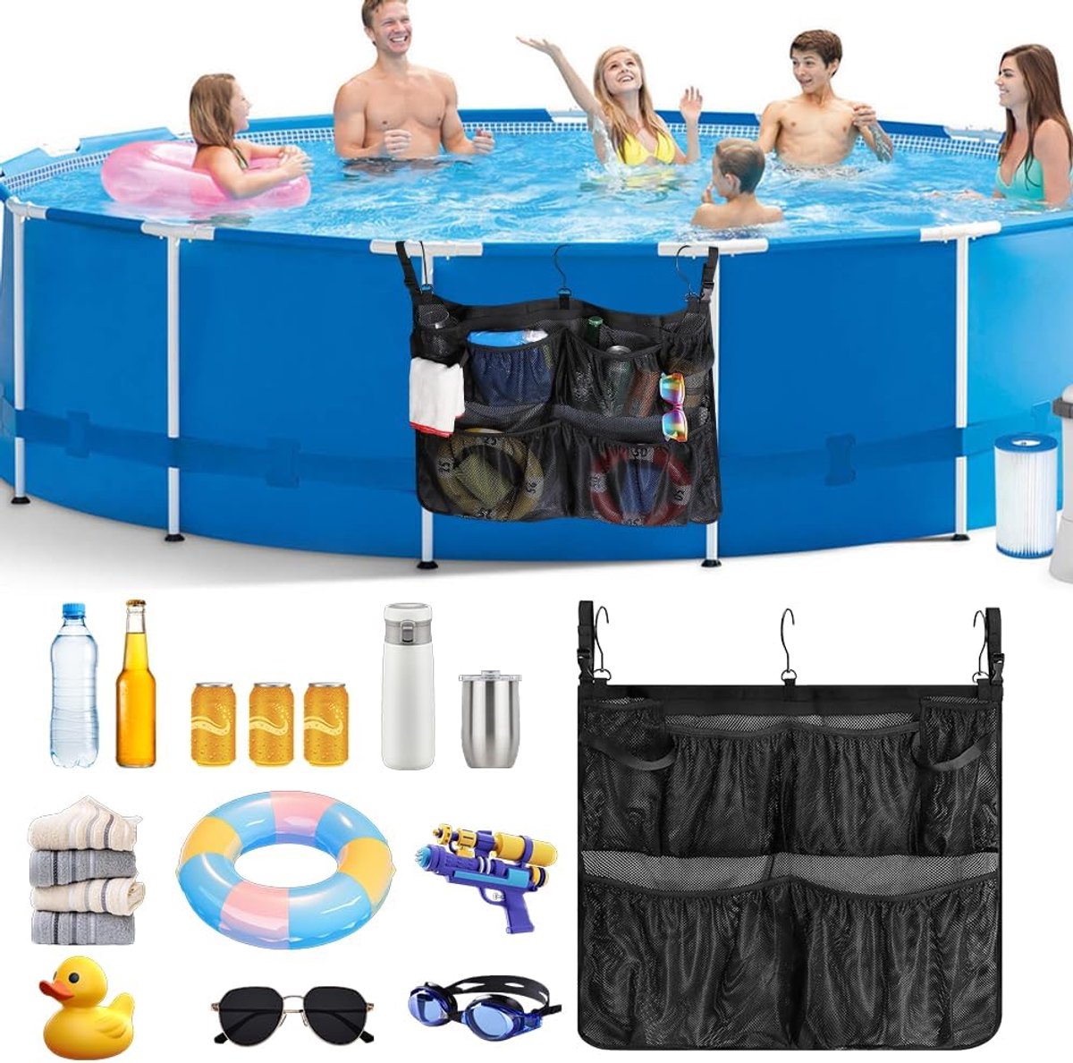 Poolopbergtas met 5 vakken - Vouwbare opslagnet voor zwembadspullen - Sneldrogend en waterafvoerend - ShopVlot