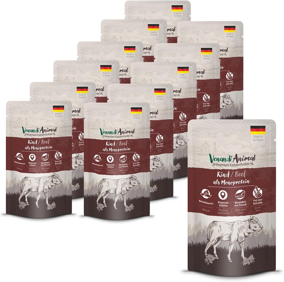 Natte kattenvoeding - 12 x 125 g - rundvlees als eiwit - graanvrij en natuurlijk - ShopVlot