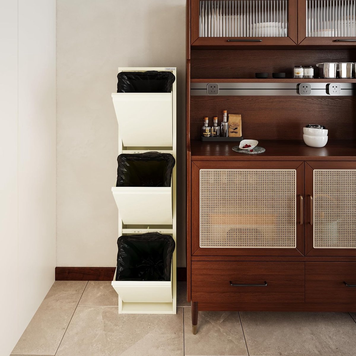 Vuilnisbak 45 L - RVS kleppen - Stijlvol cream wit - Ruimtebesparend en praktisch - ShopVlot