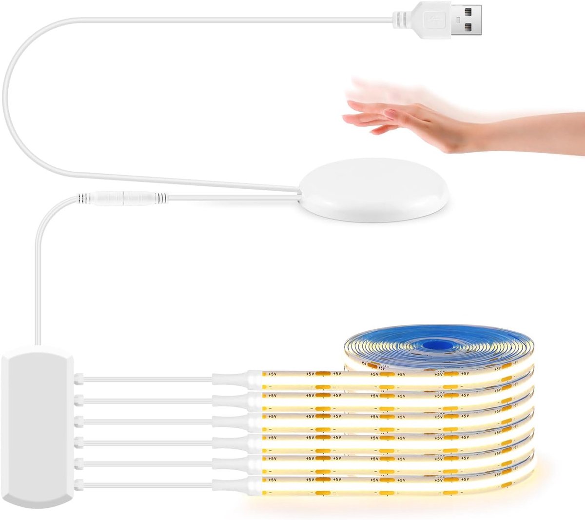 LED Strip 5V Warm Wit - 6x1M COB Strips - Houten Touch Dimmer - Ideaal voor Kastenverlichting - ShopVlot