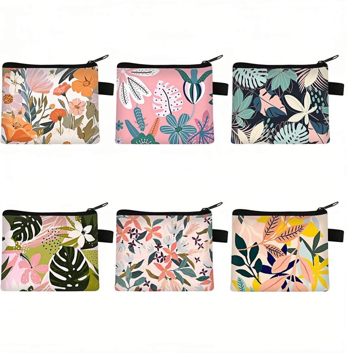 Mini portemonnee set 6 stuks - tropische bloemenprint - kleurrijke ritszakjes - perfect voor lippenstift en sleutels - ShopVlot
