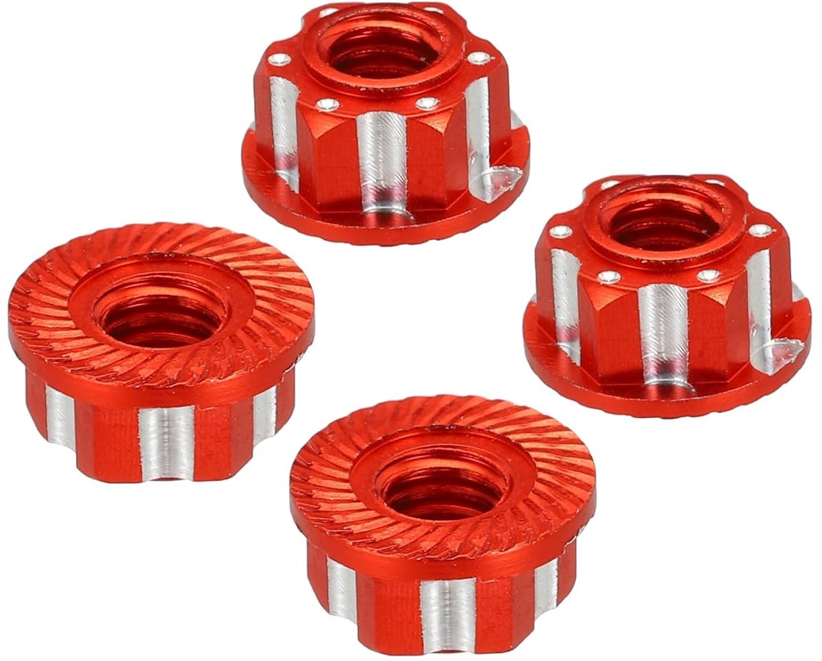 sourcing map Zeskantmoeren van aluminium M4 RC wielmoeren, stofdicht, antislip montagekap voor 1/10 RC modelauto, vrachtwagen, terreinwagen, verbeterde onderdelen, verpakking van 4 (rood)