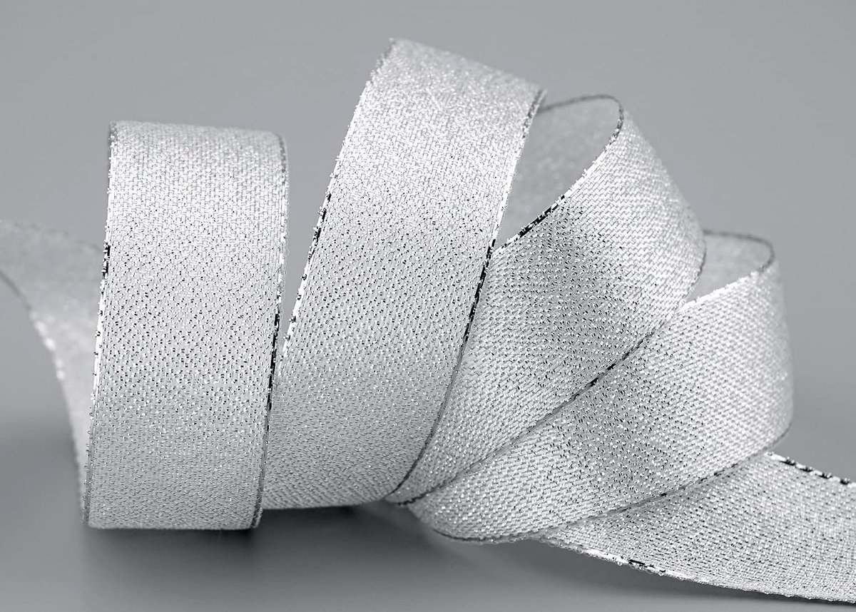 ZILVER Lint met geweven randen, metallic decoratielint cadeaulint, glanzend, brokaat, lurex, bruiloft, Kerstmis, knutselen, decoratief lint, Lurexband, kerstlint, 20 m x 25 mm