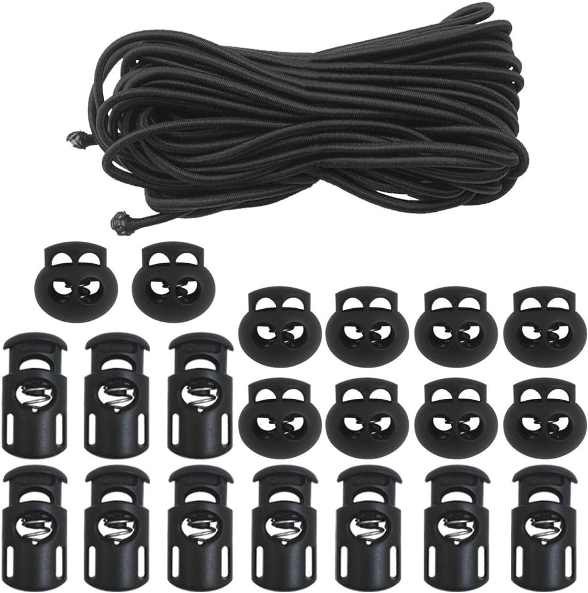 20 STKS Plastic Cord Locks & Elastische Bungee Nylon Shock Cord 5/32 "50ft Lengtes, DaKuan 10 STKS Zing-Gat, 10 STKS Dubbel Gat (Zwart) End Spring Toggle Stopper Slider met Crafting Stretch String