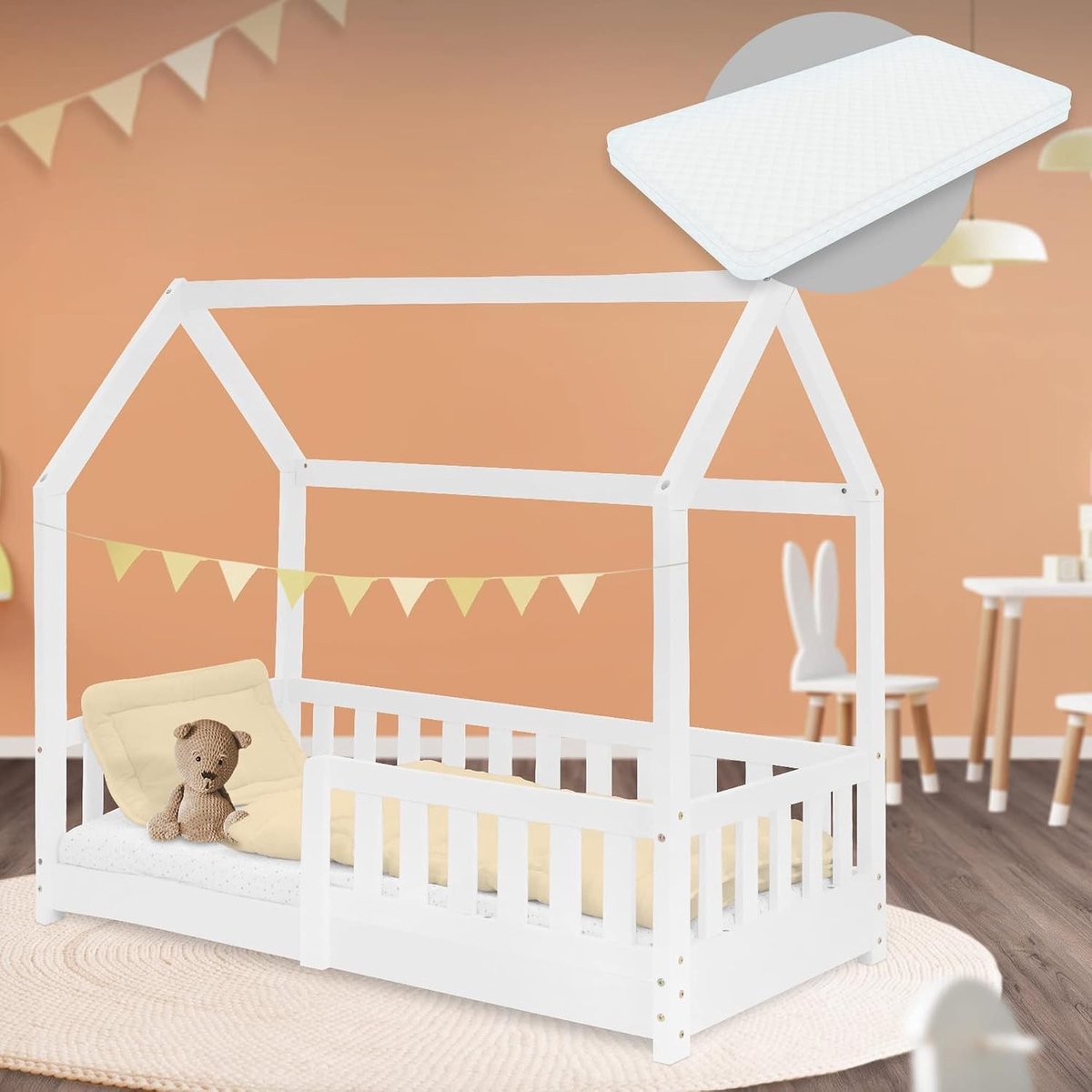Kinderbed 70x140 cm wit met matras, valbeveiliging, dak en lattenbodem, massief houten speelbed, huisbed voor meisjes/jongens, bedhuis van grenenhout, jeugdbed kinderhuis houten bed