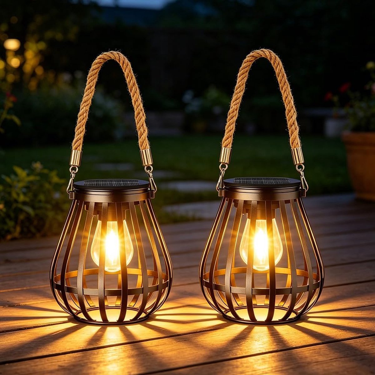 Hanglampen op zonne-energie voor buiten, 2 stuks, weerbestendige metalen lantaarns op zonne-energie voor buiten, met grote led-gloeilamp, tuindecoratie voor buiten, staand voor tuin