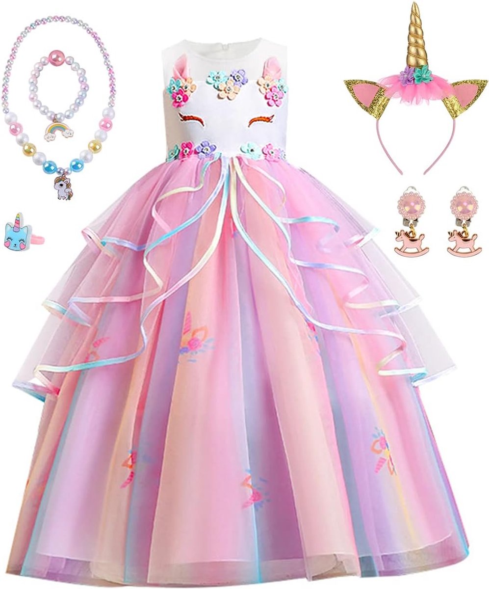 Prinsessenjurk voor meisjes, eenhoornkostuum met halsketting, prinsessenjurk voor baby's, kinderen, eenhoornkostuum, voor verjaardag, feest, bruiloft, Halloween, carnaval, cosplay kostuum
