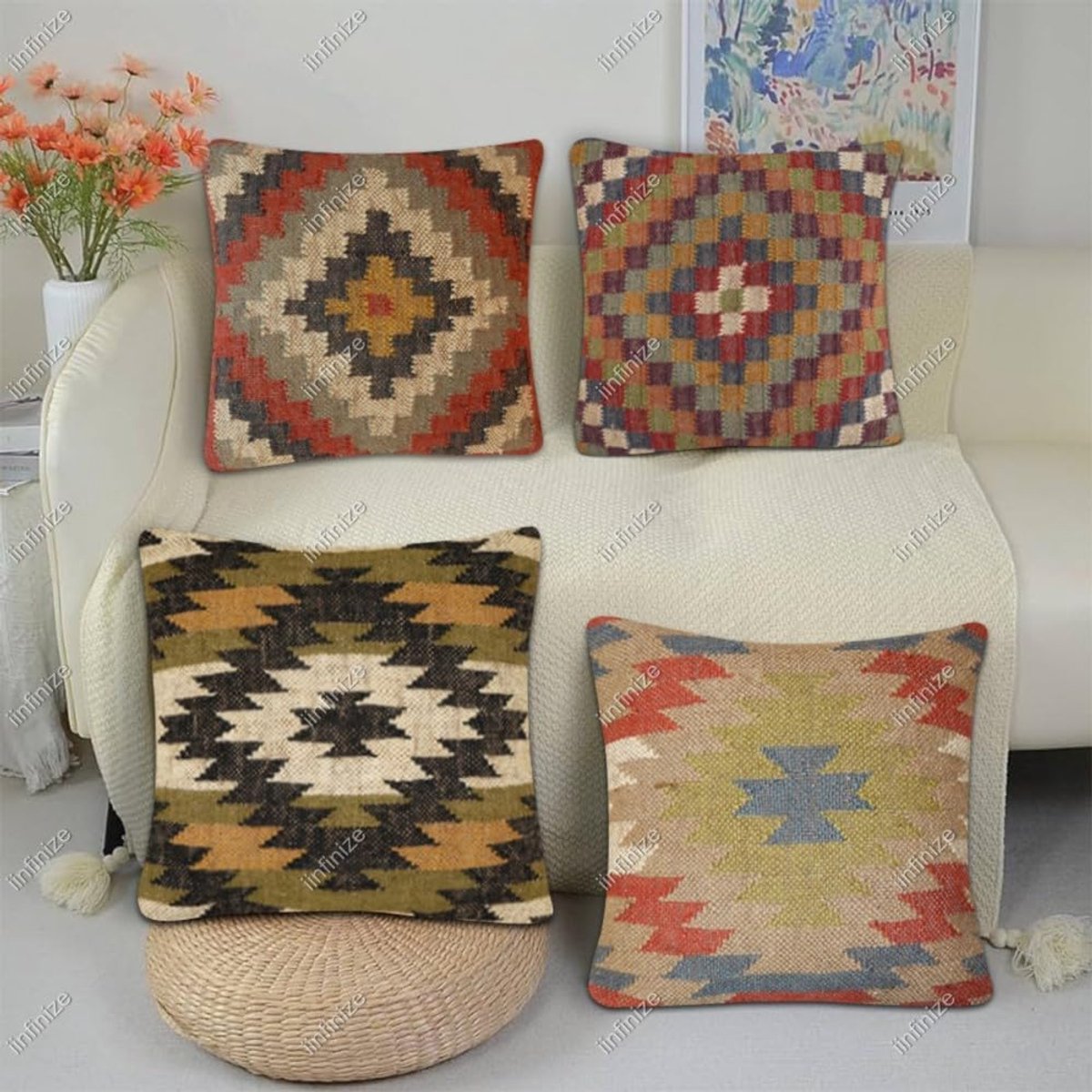 Kussenhoezen 45x45 cm - handgeweven kilim - ecologisch wol-jute - stijlvol interieur - SnelShoppen