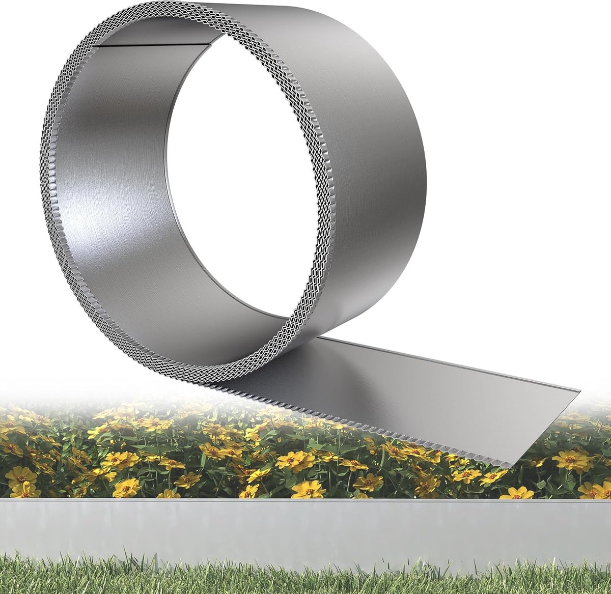 Gazonrand, 15 m, bloembegrenzing van metaal, bedomranding, weerbestendigheid, gegalvaniseerde gazonplaten, maaikank, flexibele gazonomranding, 15 cm hoog, zilver