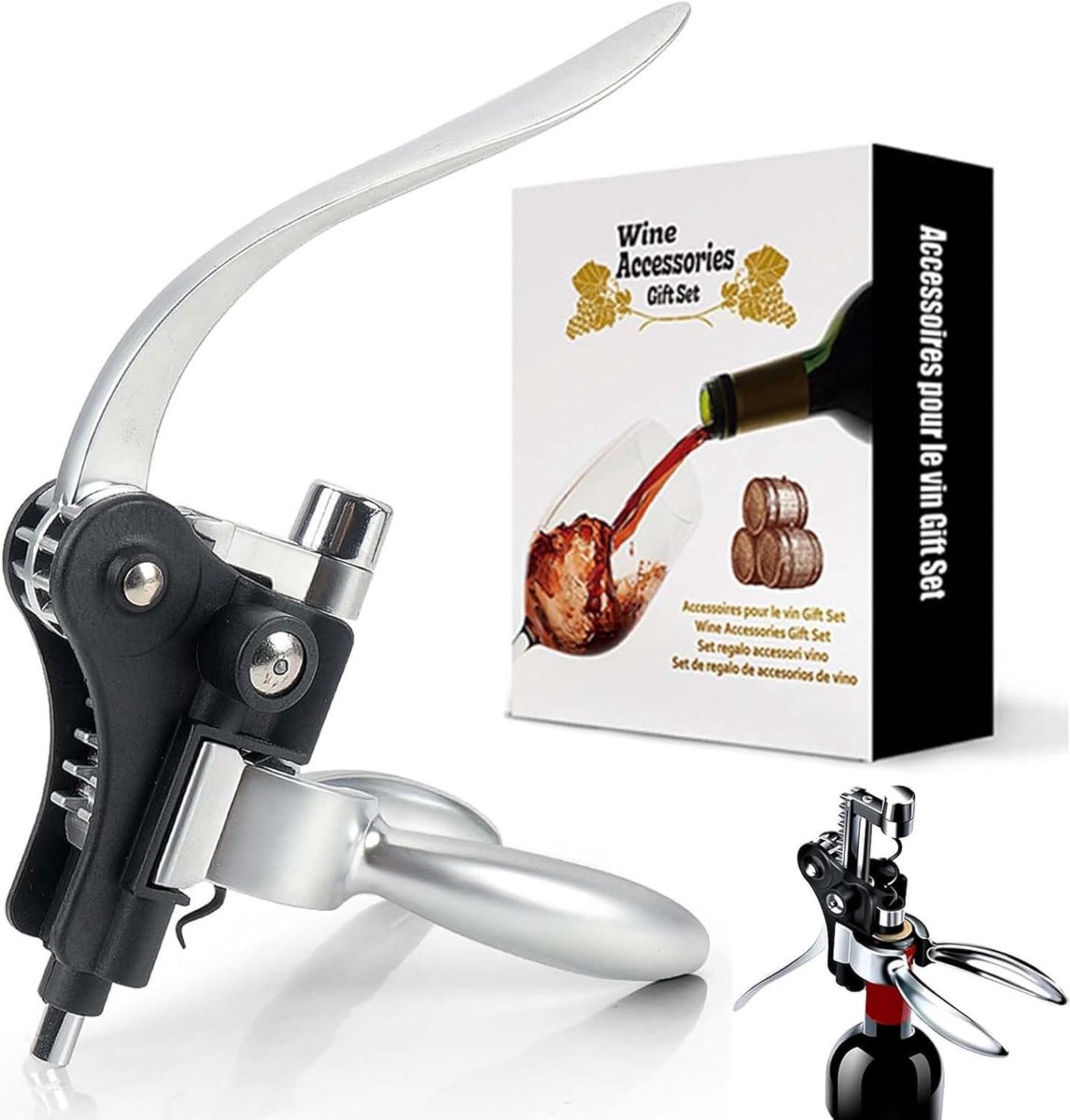 Flesopener set met capsulesnijder, schenktuit en lege dop, ergonomische flesopener van zinklegering voor alle doppen, cadeau voor mannen of papa