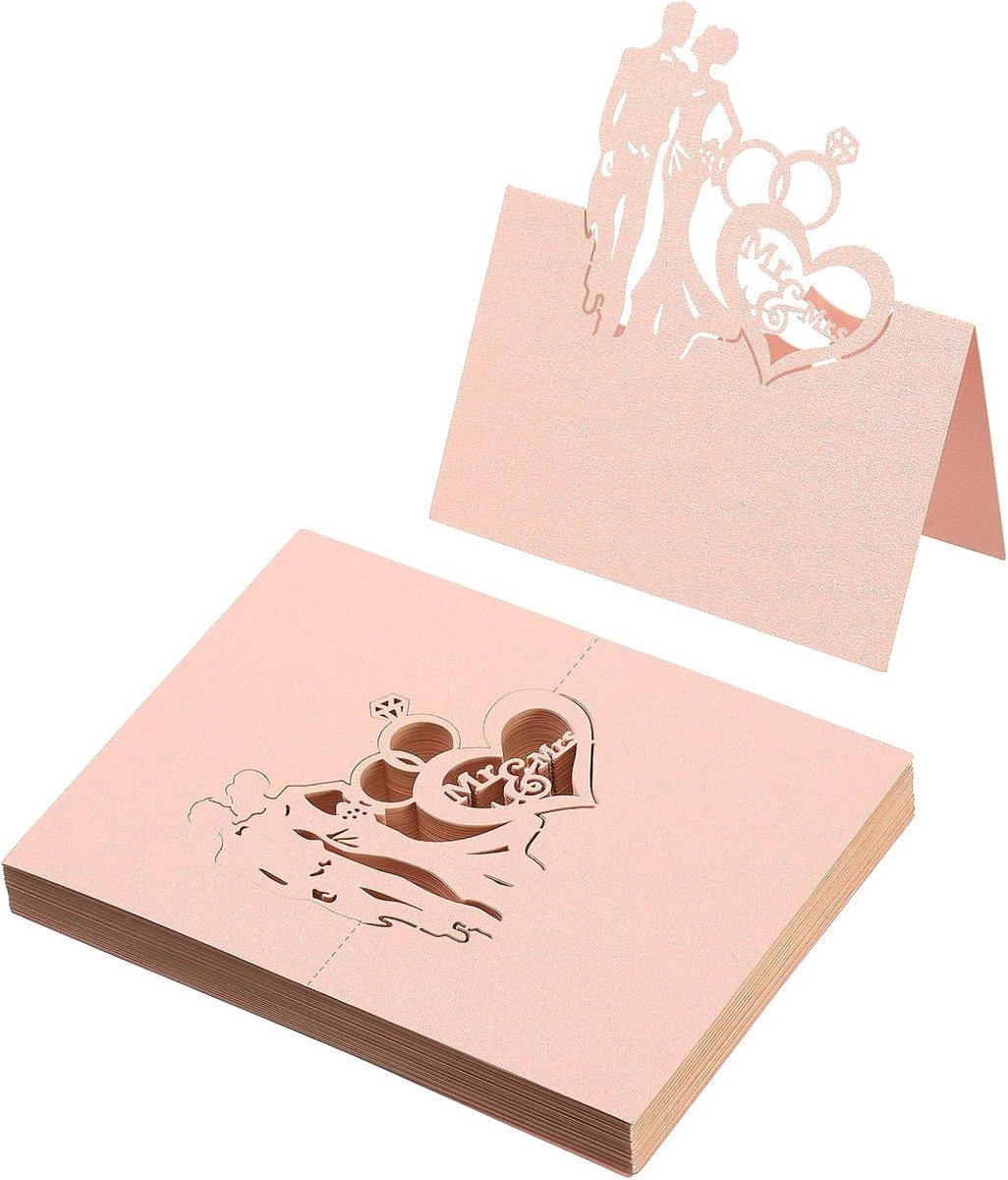 50 stuks bruiloft plaats kaarten, laser gesneden holle bruiloft tafel plaats kaart gevouwen tent kaart naam kaarten voor tafel bruiloft setting buffet receptie, roze