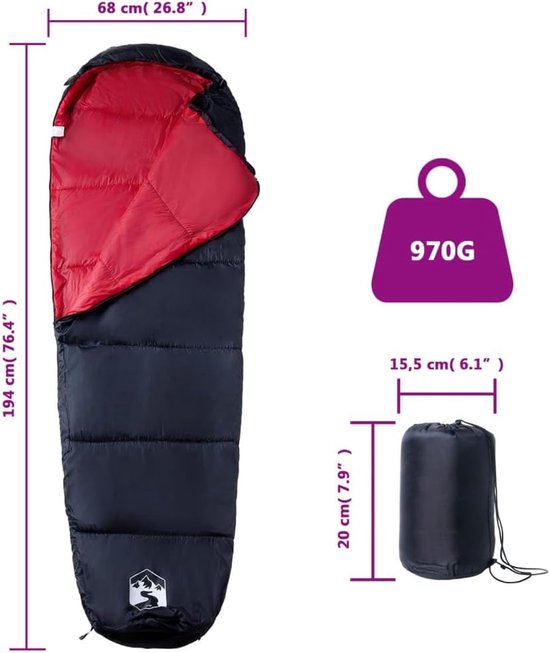 Mummieslaapzak Volwassenen - Kampeerslaapzak Outdoor - Kamperen en Reizen - Waterbestendige Buitenhoes - 194 x 68 cm - Zwart en Rood — afbeelding 4