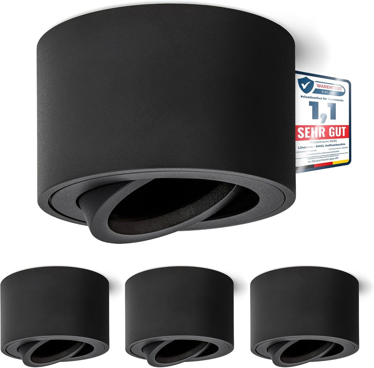 4 stuks linovum opbouwspot SMOL extra plat zwenkbaar in mat zwart & rond - plafond opbouwlamp met Ø 80 mm voor LED-modules