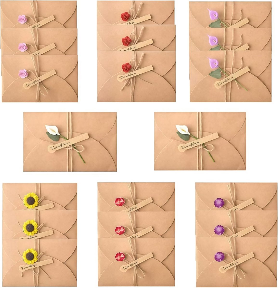 Wenskaarten, ansichtkaarten, enveloppen, retro kraftpapier, gedroogde bloemen, versierde ansichtkaarten, voor verschillende gelegenheden, felicitaties, bruiloft, Kerstmis