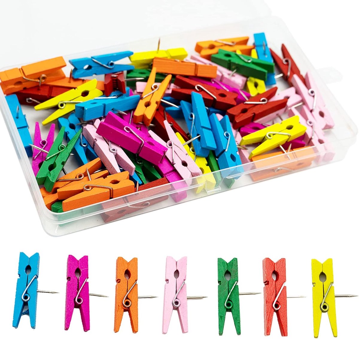 50 stuks push-pinclips, spelden met houten klemmen, meerkleurige houten clips, punaises, creatieve punaises voor kaarten, notities, foto's, school, kantoor, handwerk