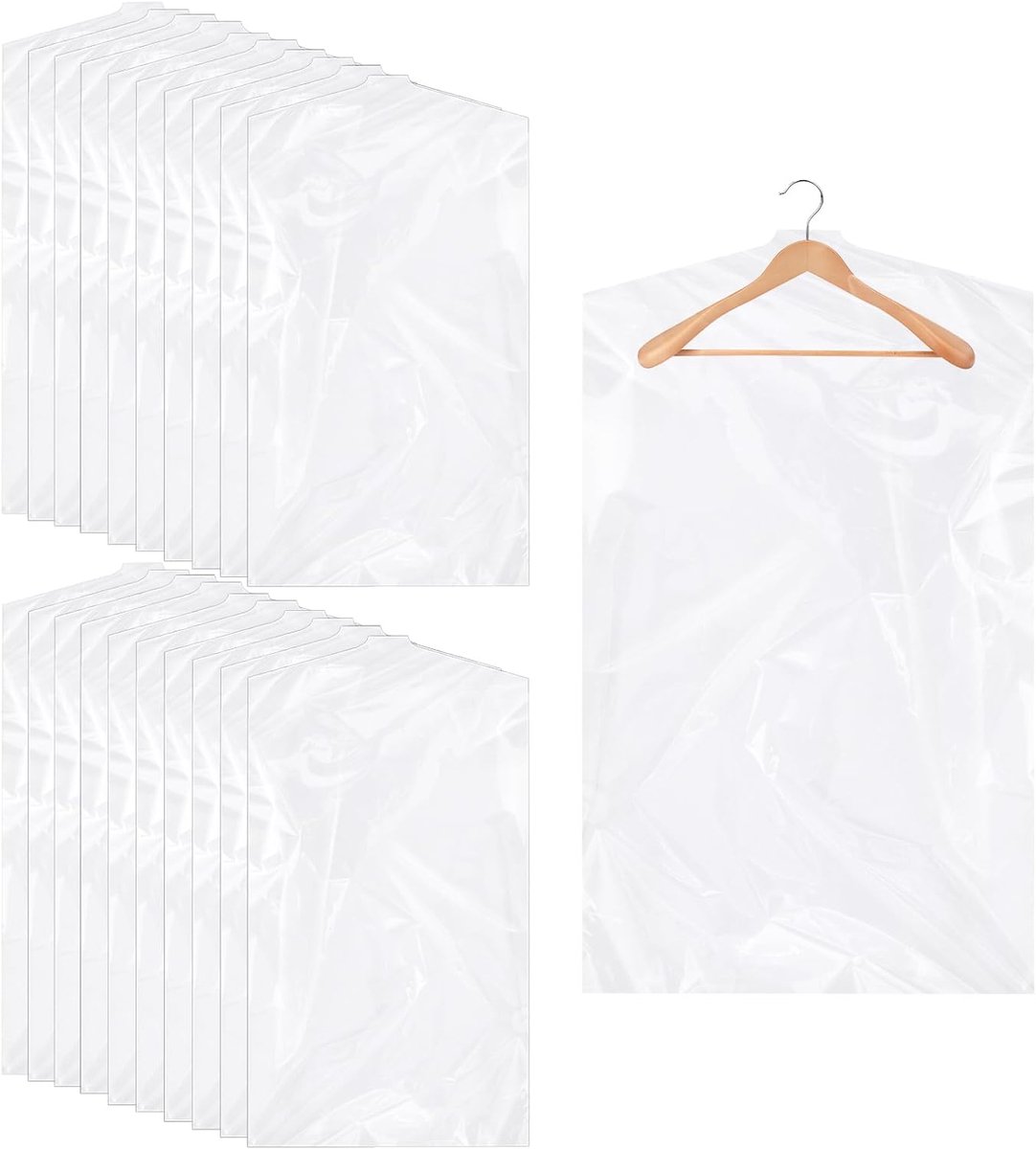 20 Stuks Kunststof Pakzakken voor Kleding, Hangende Kledingbeschermhoes | 60 x 100 cm Transparante Stofdichte Kledinghoezen,Transparante Lange Kledinghoezen, voor Pakken, Overhemden en Truien
