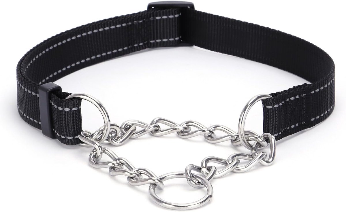 Halsband, roestvrij stalen ketting, martingaalhalsband met reflecterend, verstelbaar, voor middelgrote en grote honden (zwart, M)