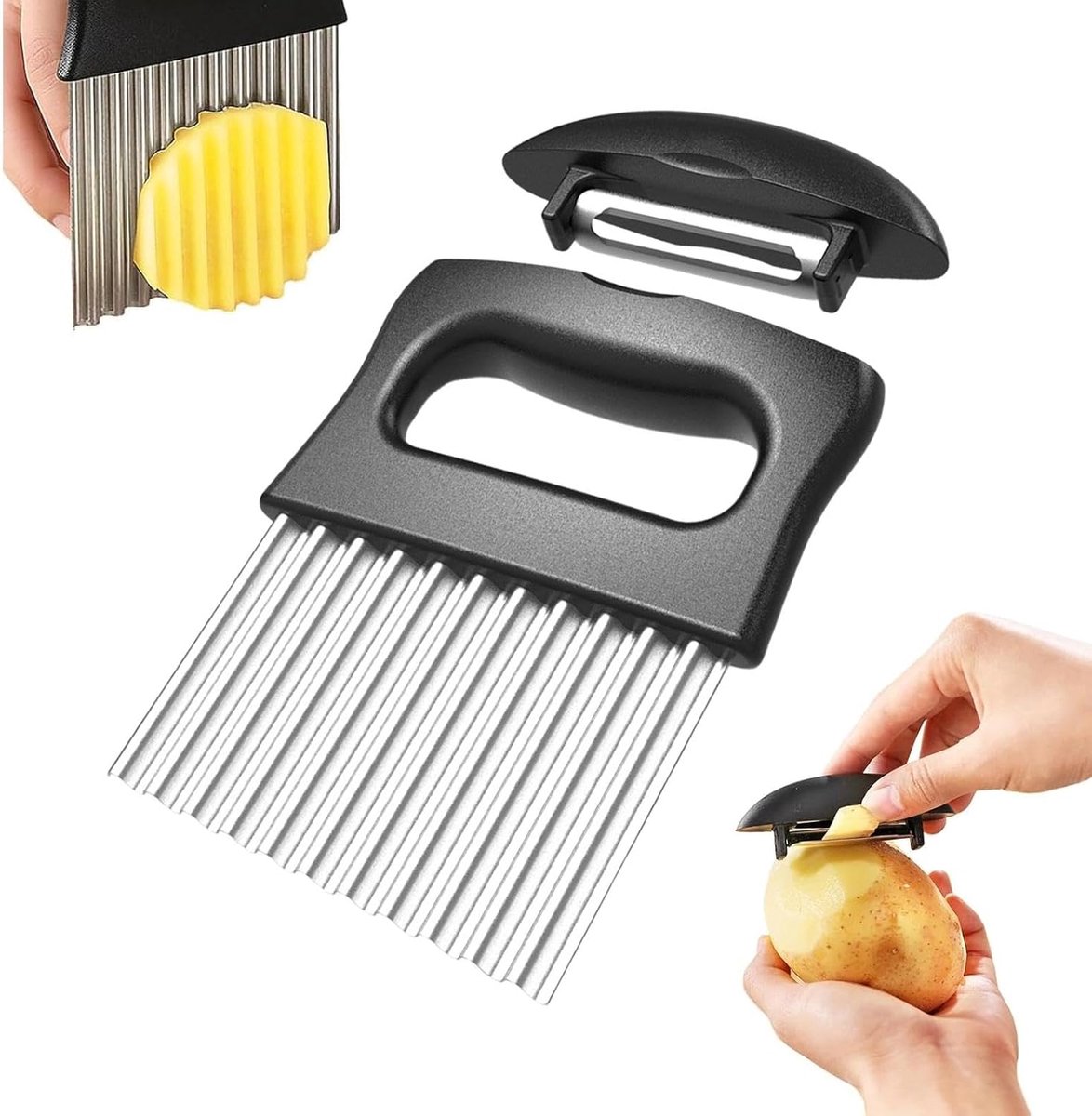 2-in-1, roestvrij stalen golfsnijder, groente, ribbelmes, golfsnijder met schilmes, zwarte aardappelschaaf, voor het snijden van groenten en fruit