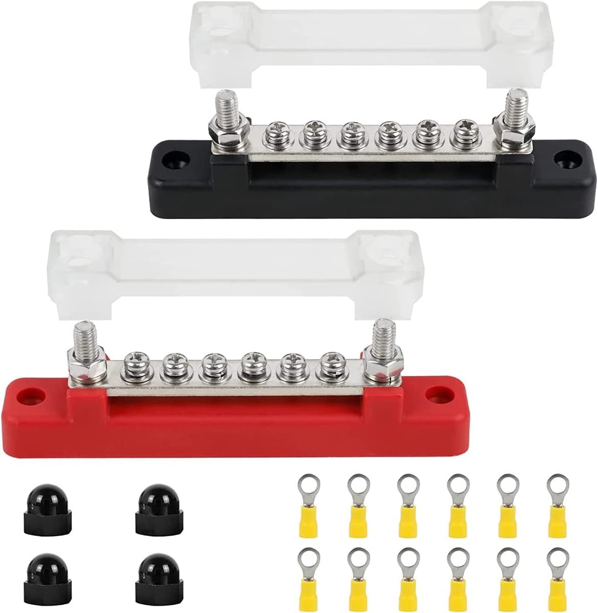 6 Terminal Stroomrail,Grond Distributie,150A Stroomverdelingsklemmenblok met Deksel voor Auto Marine auto Pickup Trailer RV Boot - Rood & Zwart 2St