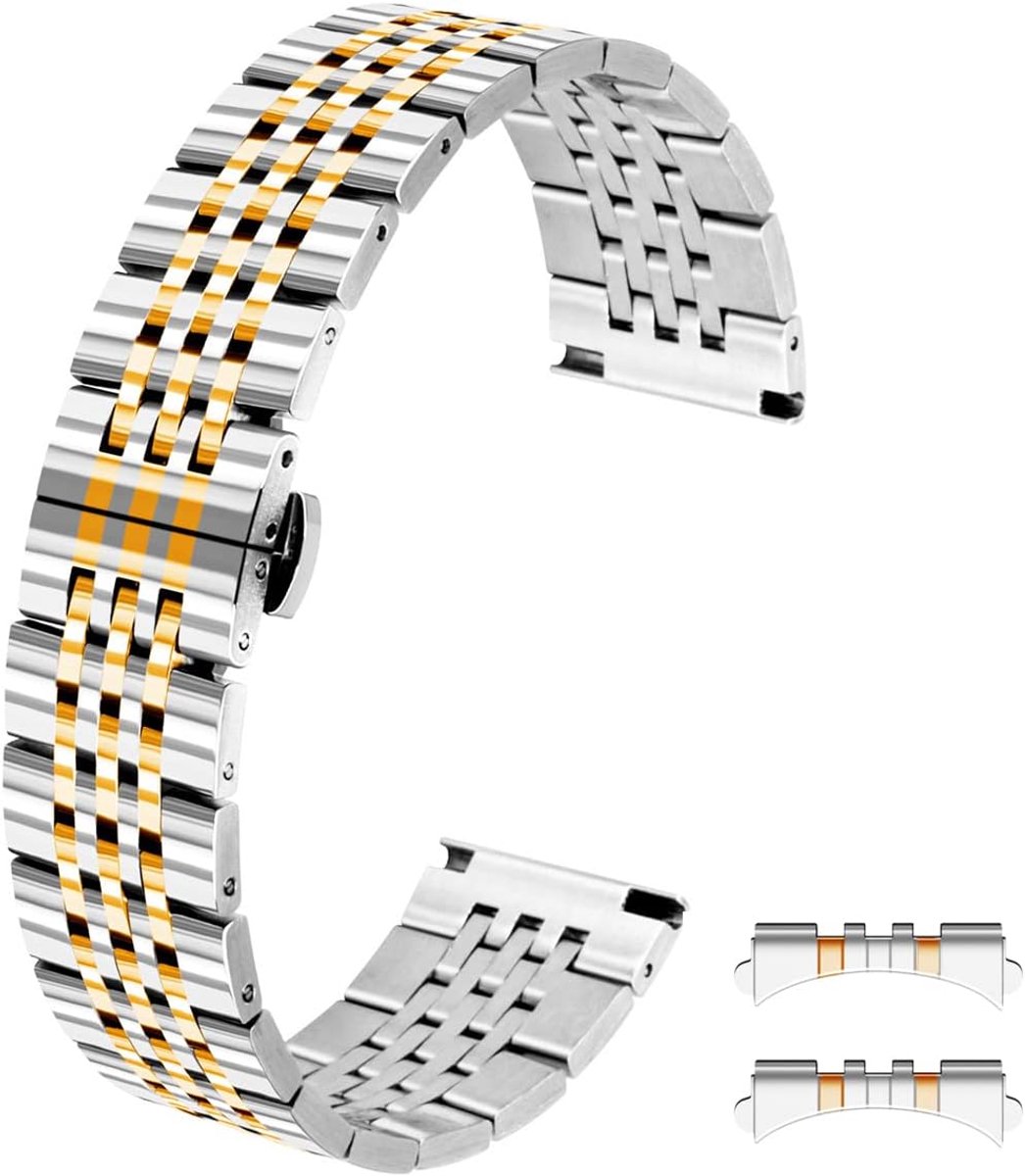 Tian Horlogebandje, 18 mm, 20 mm, 22 mm, zilver, zwart, goud, roségoud, twee tinten, taps toelopend, rechte en gebogen uiteinden, roestvrij staal, gepolijst, horlogeband voor mannen en vrouwen,