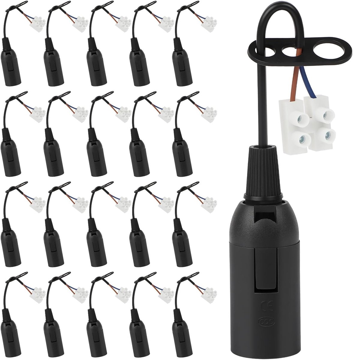20 stuks E14-lampfitting met kabel, bouwfitting en reservefitting E14, compatibel met led, halogeen en gloeilampen, ideaal voor renovatie, bouwplaats, woonkamer, keuken, slaapkamer, zwart