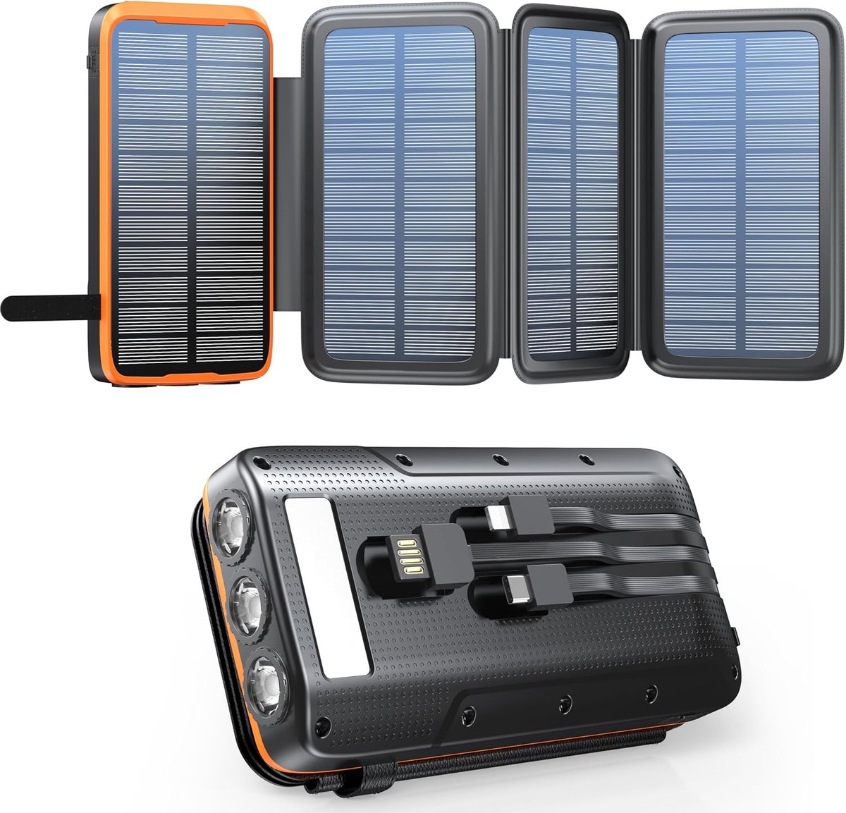 Powerbank op zonne-energie, 20.000 mAh, oplader op zonne-energie met 3 kabels, QC4.0, 22,5 W, USB C, 20 W snellaadfunctie, met 4 zonnepanelen en 3 led-zaklamp voor smartphones, tablets en camping