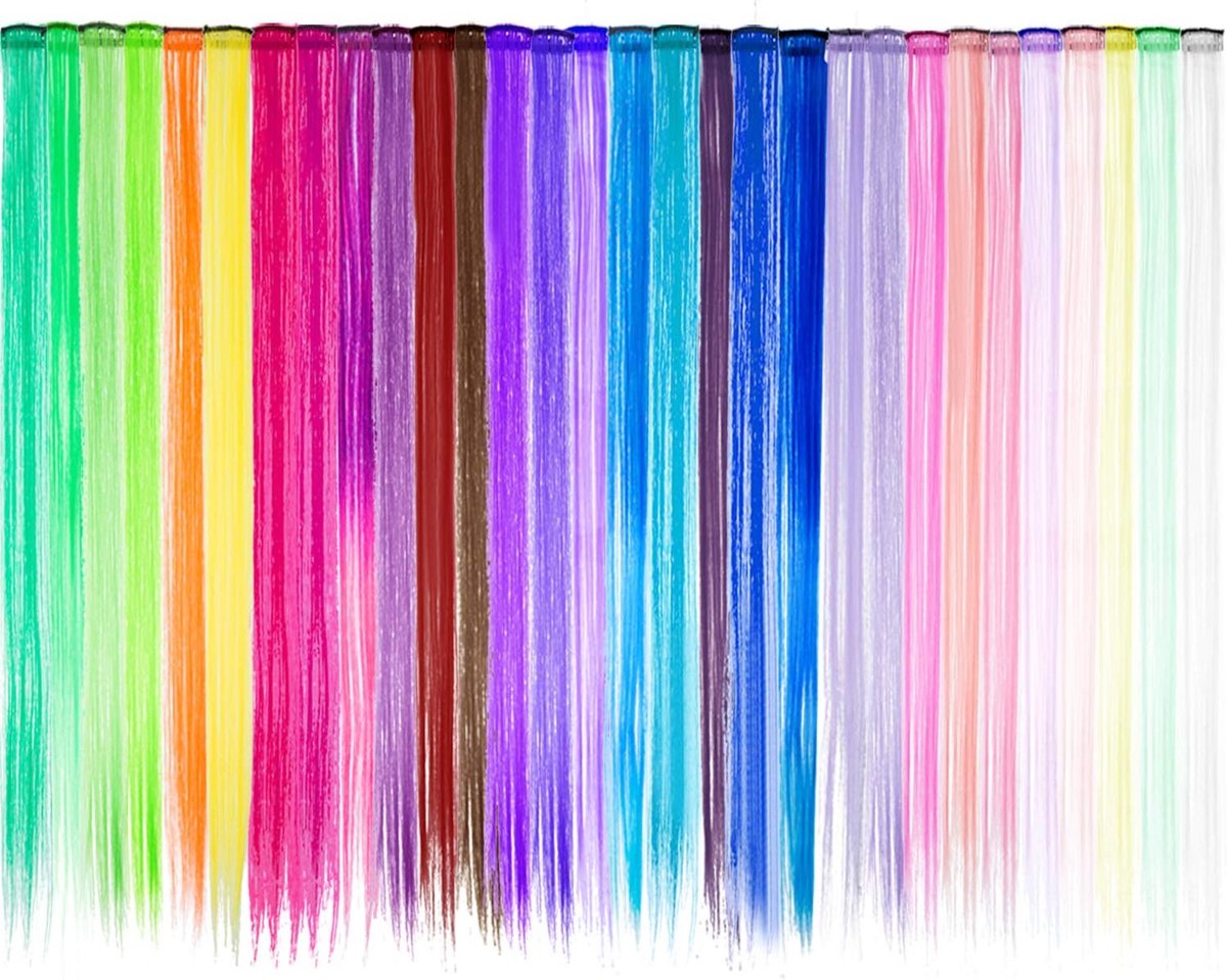 Haarextensies, 30 stuks kleurrijke clip-in synthetische haarverlengingen, 53 cm lang, hittebestendige synthetische haarverlengingen in meerdere kleuren (stijl A)