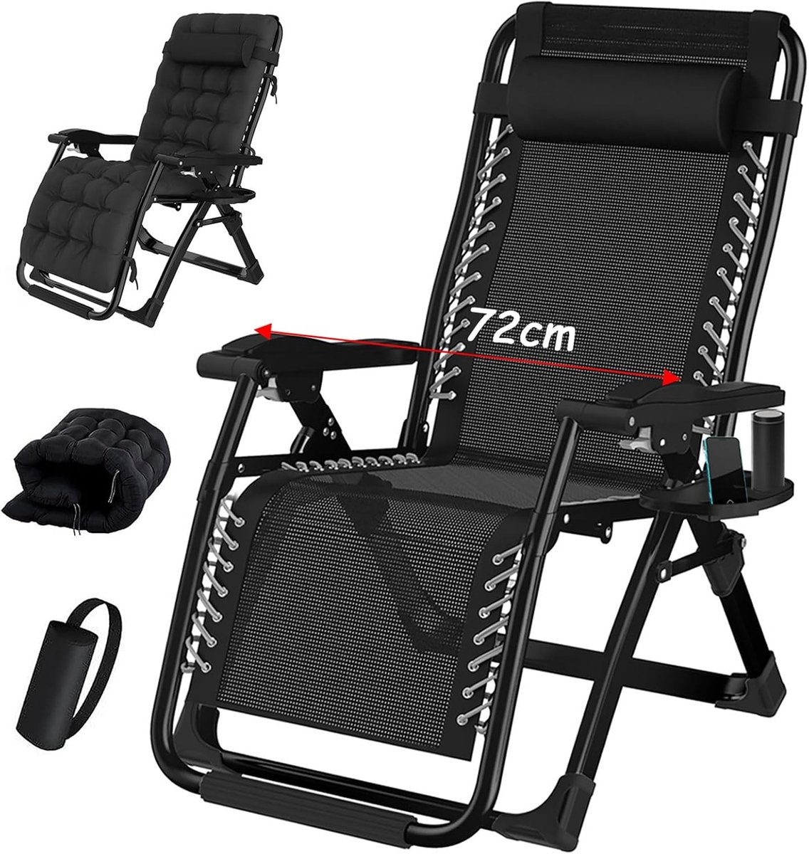 Gravity stoel, inklapbare ligstoel, ondersteunt tot 200 kg fauteuil, Opvouwbare Zonneligstoel ligstoel, inklapbaar, met bekerhouder, kussen,hoofdsteun, voor Tuin, Terras of Balkon (Zwart, 72 cm)