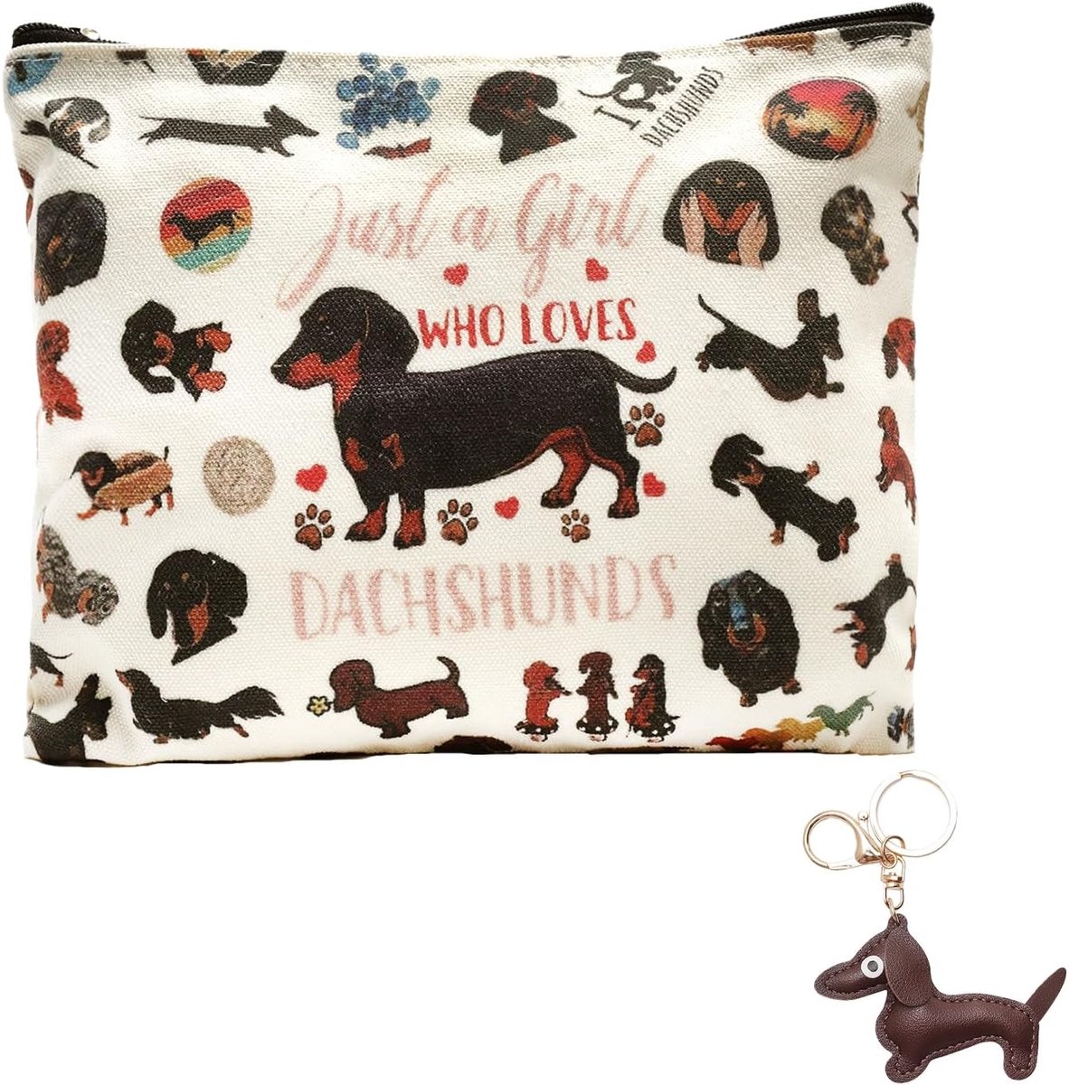 Make-up tas teckel - kleurrijk ontwerp - met rits en sleutelhanger - ideaal voor dierenliefhebbers - ShopVlot