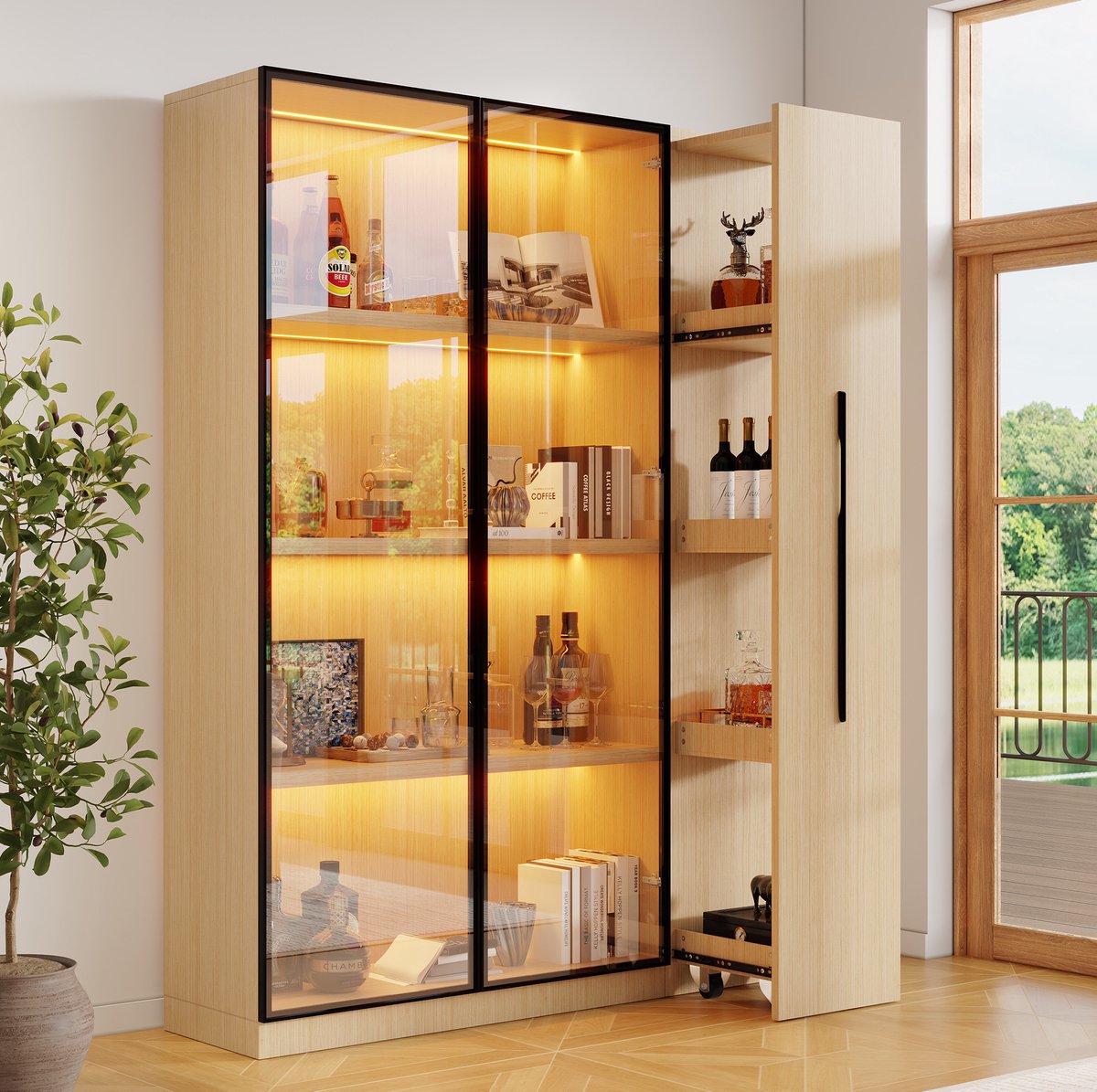 MODENUIT Vitrinekast - LED Verlichting En Glazen Deuren - Woonkamer En Bureau - MDF - Eiken - 110,5x35x160 Cm