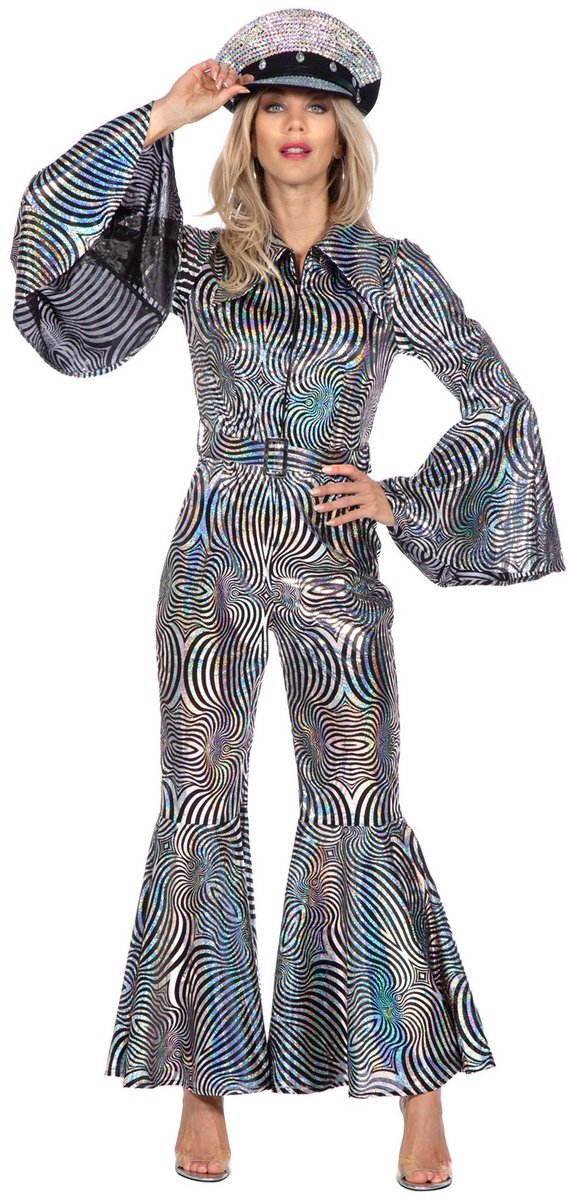 Disco Catsuit Cirkels Holografisch Zilver - Maat 38