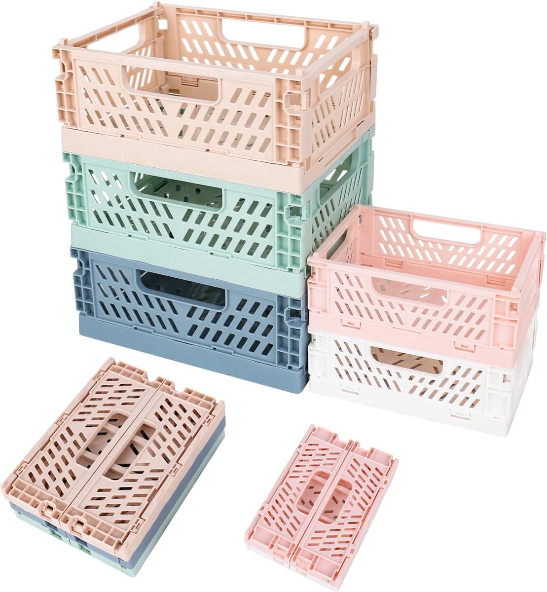 SnelShoppen - Vouwbox, Plastic Klapmand, 5 Stuks, Kleine Vouwdoos (20,5 x 15 x 9 cm), Mini Vouwdoos (15,5 x 10 x 6 cm), Draagbare Opbergdoos, Kleurrij