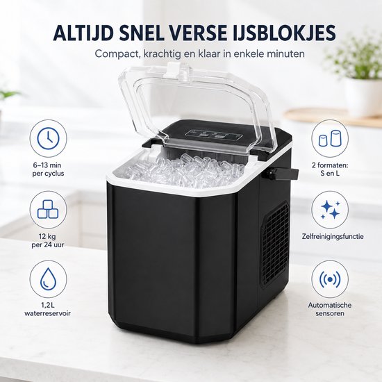 IJsblokjesmachine - IJsblokjesmaker 12 kg/24 uur - 2 Formaten IJsblokjes - Compact met Compressor - Zelfreinigend — afbeelding 4