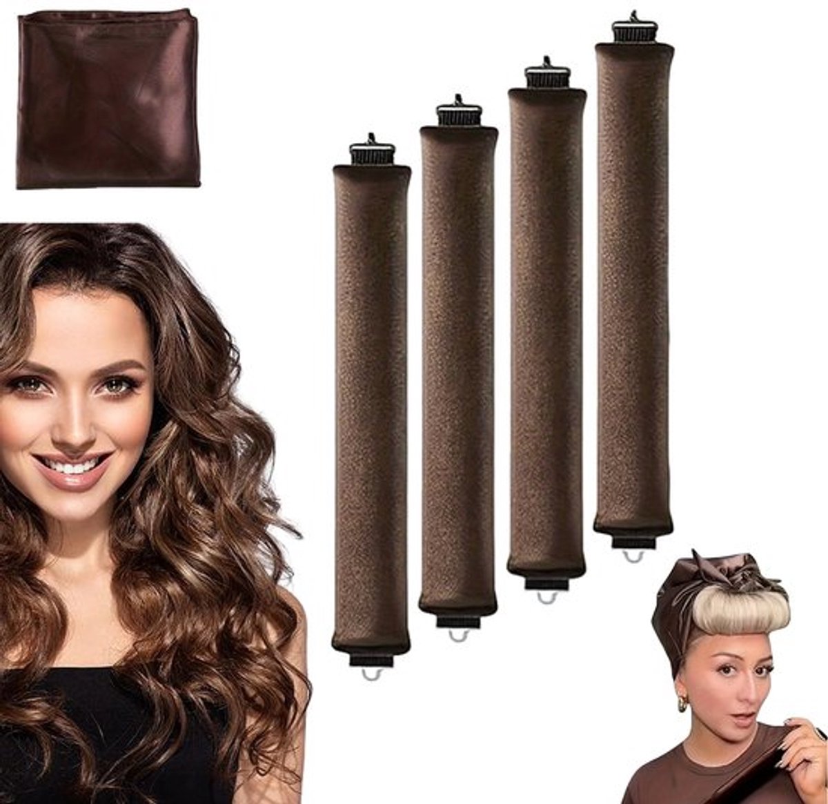 Hittevrije krullen - 4 stuks - Geschikt voor volumineuze krullen - met 1 haarhanddoek - krulspelden - krultangen zonder warmte - Hittevrije krullenset - Krullen zonder hitte - Geschikt voor verschillende haartypes - Vrouwen - Nachtkrultang - Bruin