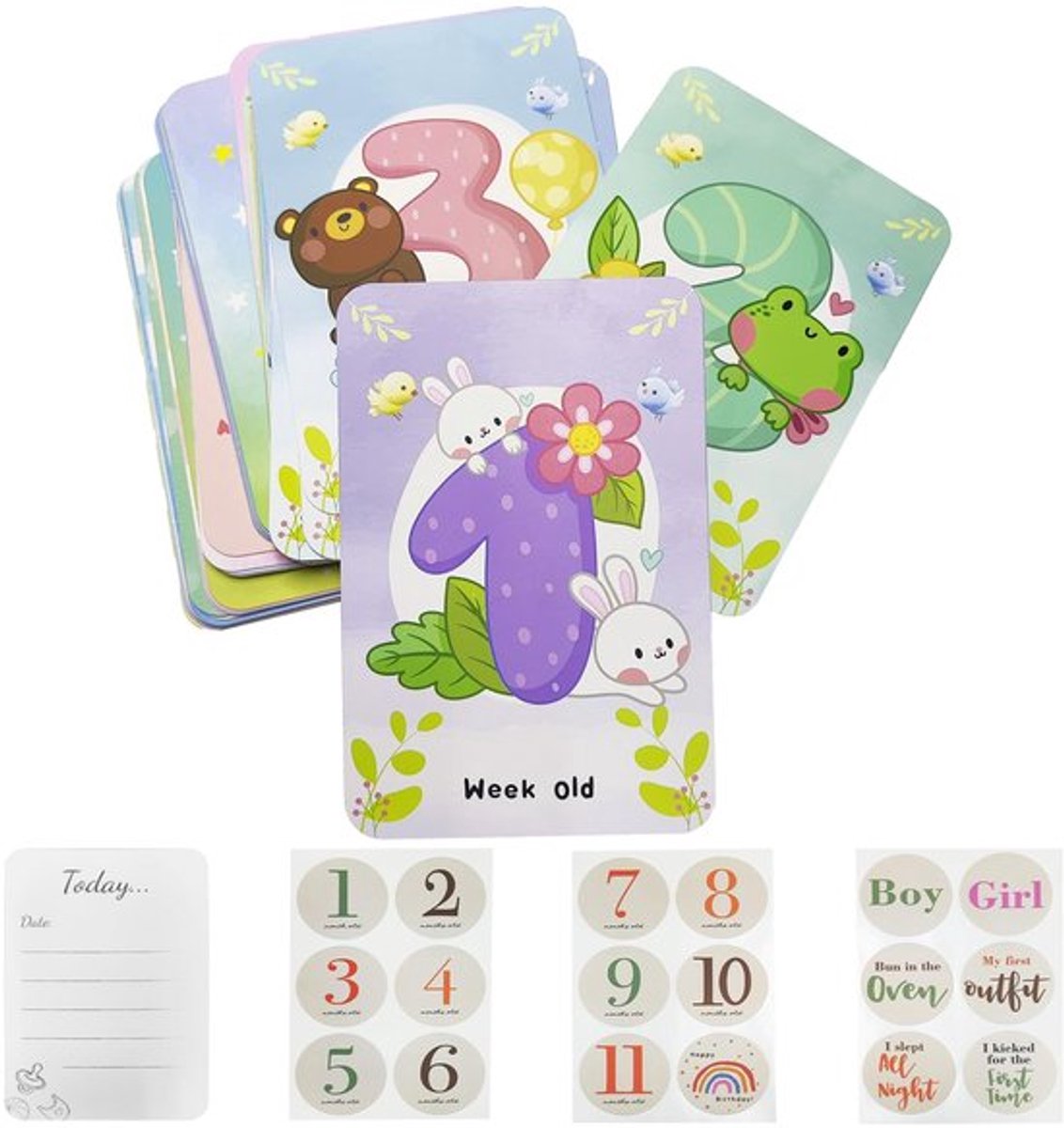 50 babygroeikaarten met 18 stickers, babymijlpaalkaarten, babyindexkaarten, perfect cadeau voor versgebakken ouders, babyfeestjes, zwangerschap en pasgeborenen