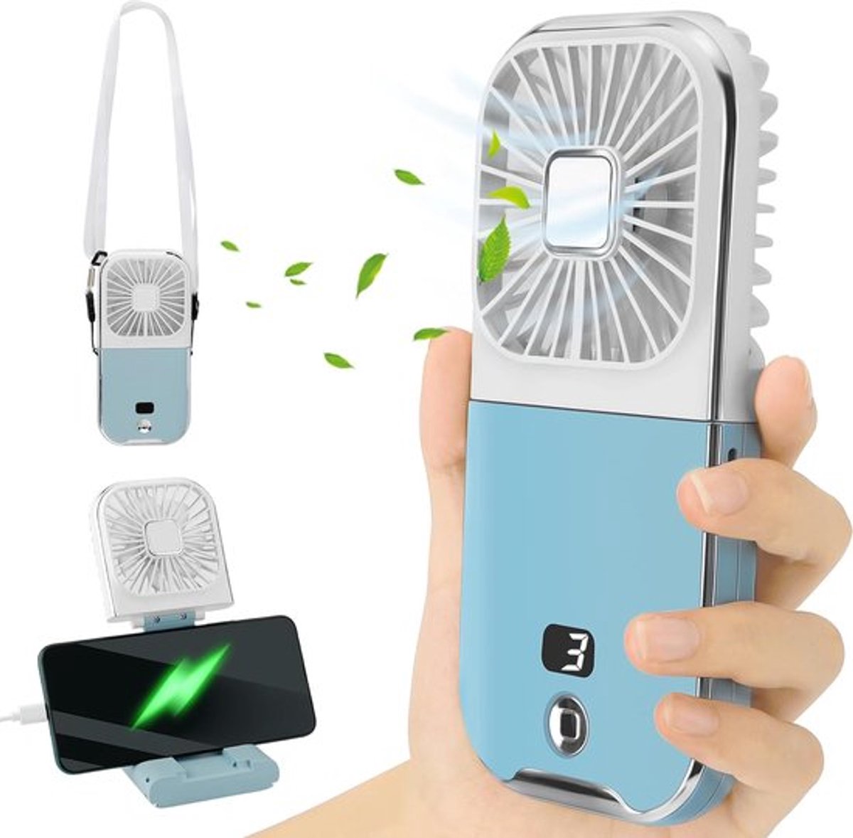 handventilator-handventilator oplaadbaar-mini ventilator-Wordt geleverd met een oplaadbare batterij van 3000 mAh-draagbare ventilator-Kleine zakventilator - 4 snelheden - Geschikt voor thuis en buiten-blauw