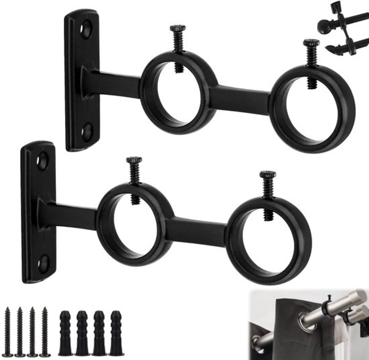 Set van 2 - Gordijnroedebeugel - Dubbele gordijnroedebeugel - Aluminiumlegering basis met verdikte haak - Verstelbare gordijnroedebeugel - Wandgemonteerde gordijnroedebeugel - Geschikt voor gordijnen in de woonkamer, badkamer en slaapkamer (zwart)