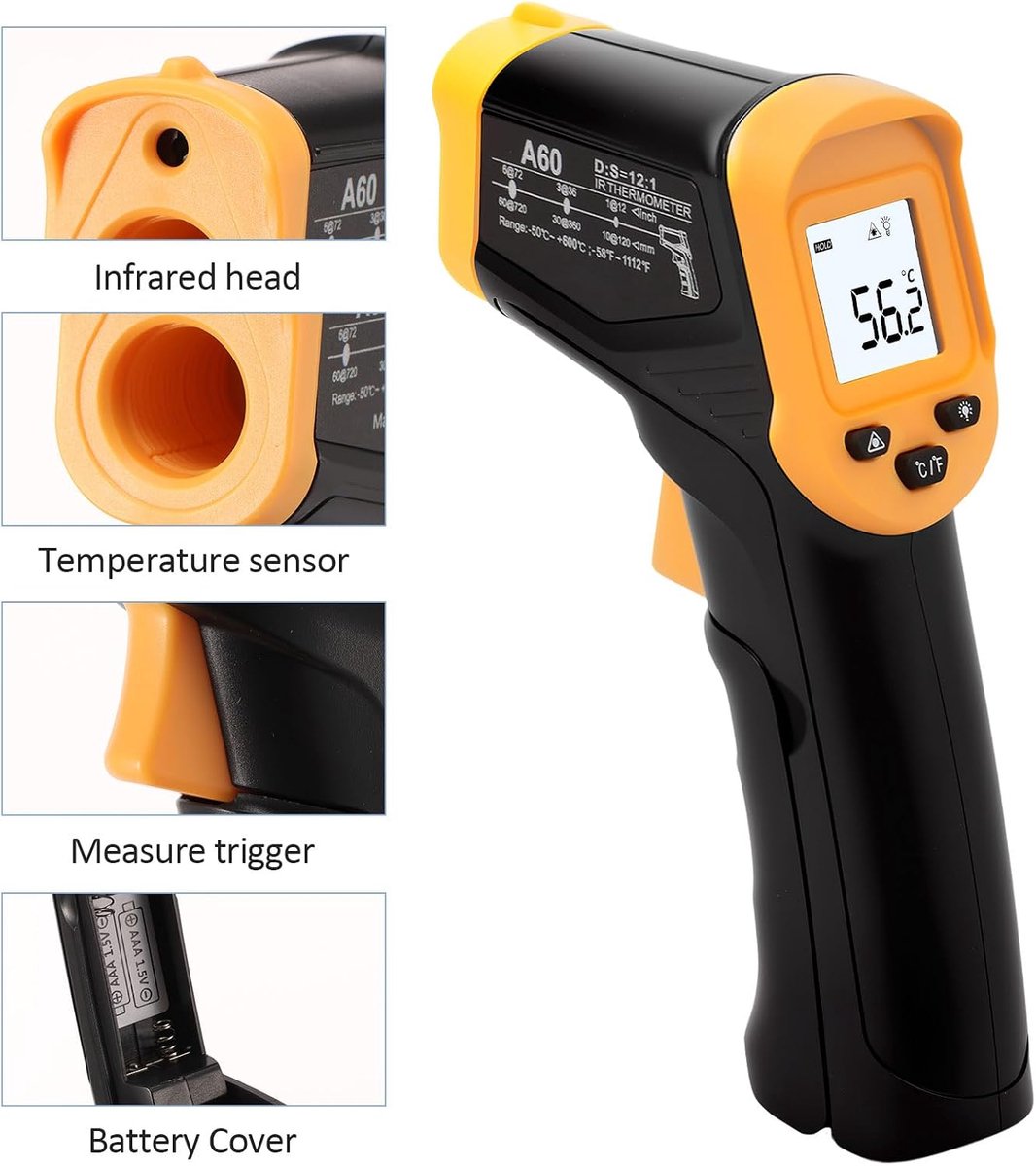 Infrared Thermometer, -50°C to 600°C, Light Temperature Gauge, Contactless Digital Laser Thermometer, Illuminated - ShopVlot