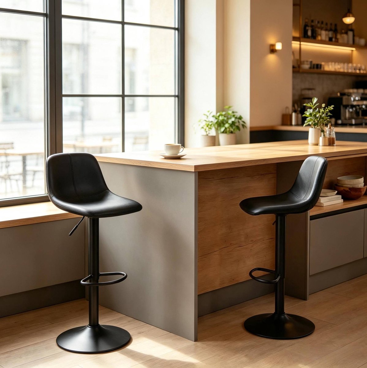 Barkruk Set Van 2 - Verstelbaar En 360 Graden Draaibaar - Met Rugleuning En Voetsteun Voor Keuken Eiland En Bar - Kunstleer - Zwart