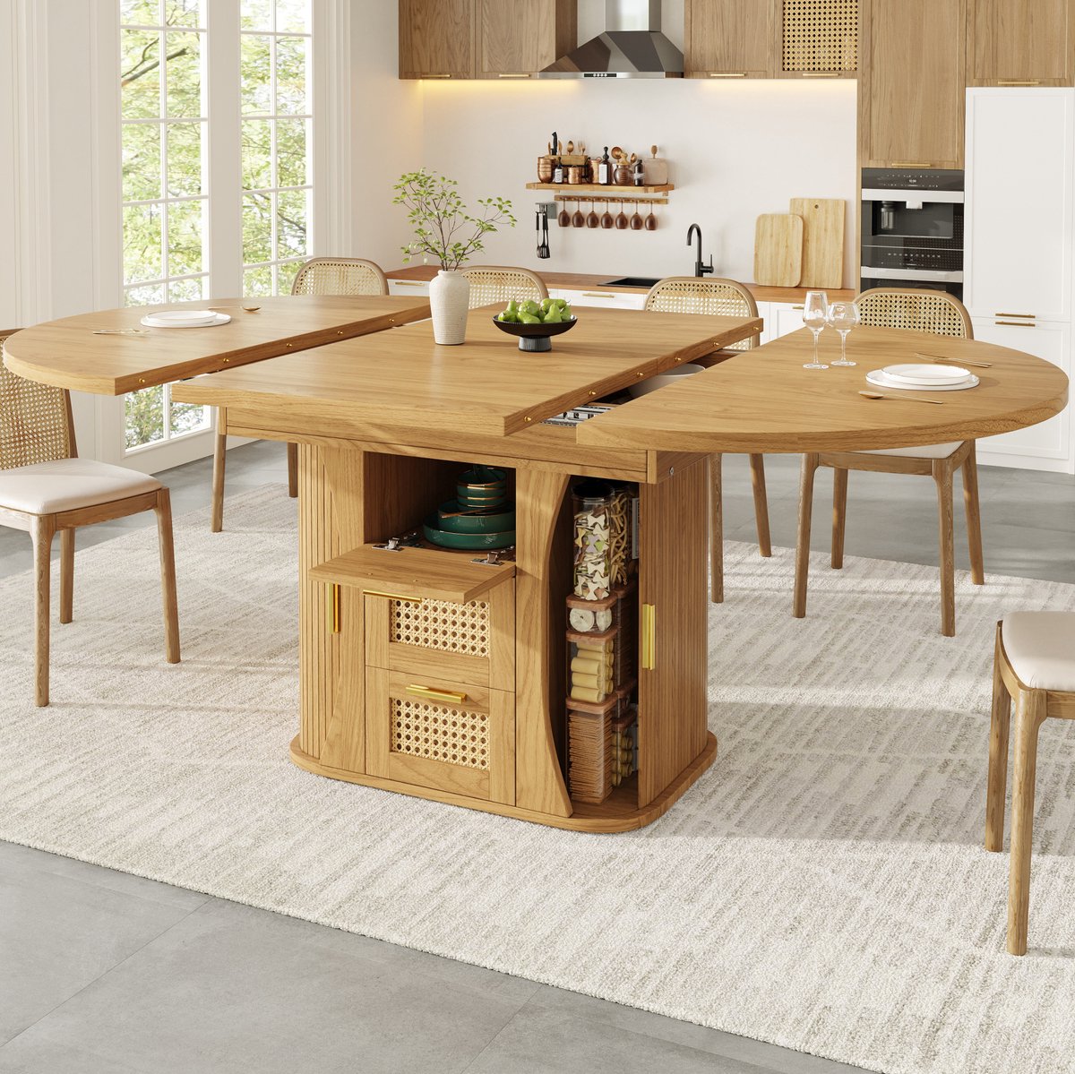 MODFU Uitschuifbare Eettafel - Opbergruimte - MDF - Naturel Hout